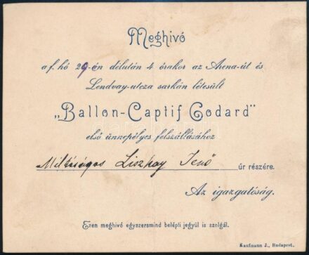 1896. április 29. Meghívó a millenniumi 'Ballon-Captif Codard' első ünnepélyes felszállására, hajtott