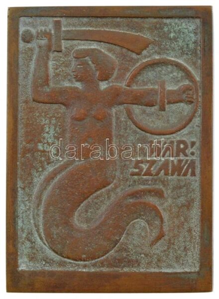 Lengyelország 1954. 'Varsó' Br díjplakett, hátoldalán gravírozott 'Nemzetközi atlétikai verseny férfi gerelyhajító III. hely' szöveggel, eredeti tokban (83x61mm) T:2 Poland 1954. 'Warszawa' Br award plaque with engraved 'International