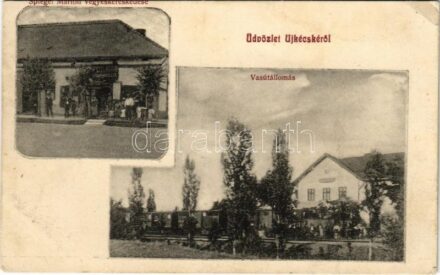 1912 Tiszakécske, Újkécske; vasútállomás, vonat, Spiegel Márton vegyeskereskedő üzlete és saját kiadása. Csernus Bertalan felvétele (EK)