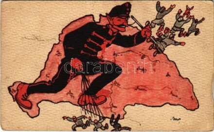 Humoros első világháborús propaganda lap, osztrák-magyar krampusz katona az Antant hatalmak ellen. A Magyar Földrajzi Intézet Rt. kiadása / WWI Anti-Triple Entente propaganda card, Austro-Hungarian Krampus soldier s: Biró (Rb)