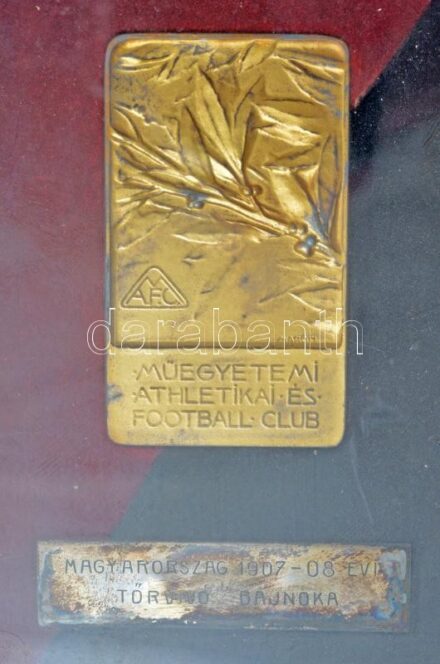 Maróti Géza (1875-1941) 1908. 'MAFC - Műegyetemi Athletikai és Football Club' aranyozott Br díjplakett (35x60mm) üvegezett képkeretben, alatta 'Magyarország 1907-08 évi tőrvívó bajnoka' lemezplakett. Ebben az évben a magyar