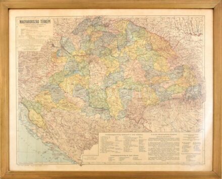 cca 1920-1930 Magyarország térképe a trianoni határok feltüntetésével. Terv.: Kogutowicz Károly. 1 : 1.500.000. (Révai Nagy Lexikona 'Magyarország' cikkéhez). Bp., Magyar Földrajzi Intézet Rt. Aranyozott, üvegezett keretben, 71x58 cm