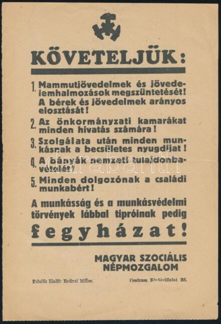 cca 1940 Magyar Szociális Népmozgalom röplapja, hajtott, kis szakadással
