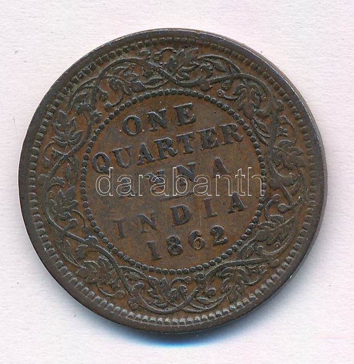 Brit-India 1862. 1/4A 'Viktória' T:2- patina British India 1862. 1/4 Anna 'Victoria' C:VF patina Krause KM#467 - Image 2