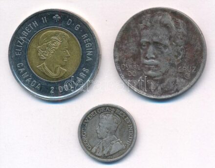 Brazília 1937. 400R Cu-Ni 'Oswaldo Cruz' + Kanada 1918. 10c Ag 'V. György' + 2014. 2$ 'A II. Világháború 75. évfordulója' forgalmi emlékérme T:2,2- patina, ph Brazil 1937. 400 Reis Cu-Ni 'Oswaldo Cruz' + Canada 1918. 10 Cents Ag 'George