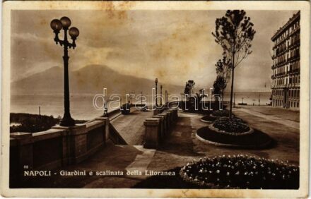 1936 Napoli, Naples; Giardini e scalinata della Litoranea / street view, tram (fl)