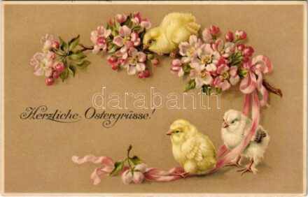 Herzliche Ostergrüsse! / Easter greeting art postcard. M. Munk Wien Nr. 1053. + 'K.u.K. Reserve-Spital Nr. 2. in Klagenfurt Militärpflege' (EK)