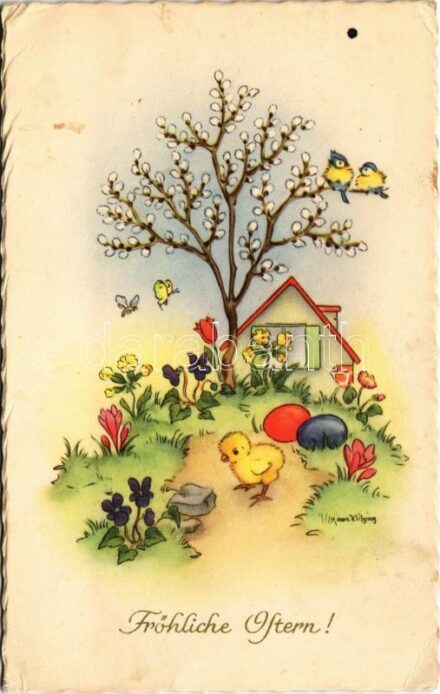1965 Fröhliche Ostern! / Easter greeting art postcard with chicken and eggs (EK)
