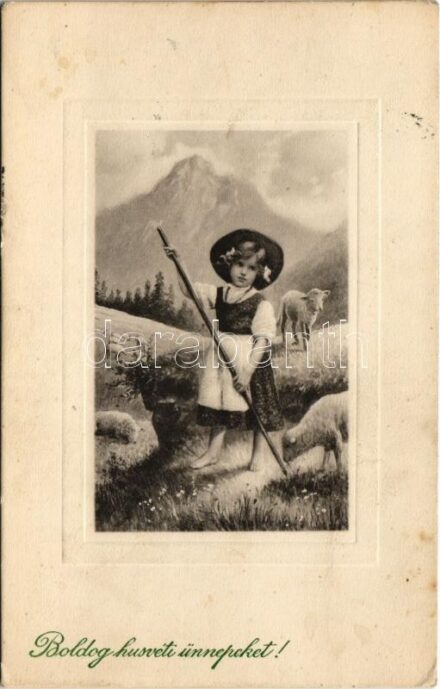 1912 Boldog húsvéti ünnepeket / Easter greeting art postcard with girl and sheep. P.T.L. Art de Vienne No. 2173. (fl)