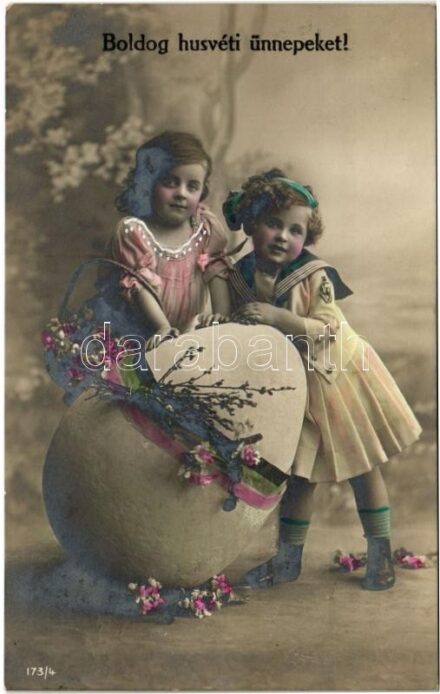 1912 Boldog húsvéti ünnepeket / Easter greeting art postcard with girls and giant egg