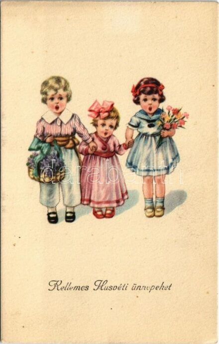 Kellemes húsvéti ünnepeket / Easter greeting art postcard with children. Amag No. O. 21. (EK)