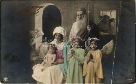 1914 Karácsonyi üdvözlet / Christmas greeting art postcard with the Holy Family + 'K.U.K. KRIEGSMARINE SMS RADETZKY' (fa)