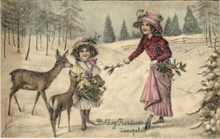 1912 Boldog karácsonyi ünnepeket / Christmas greeting art postcard with deer. V. K. Vienne 5208. (EB)