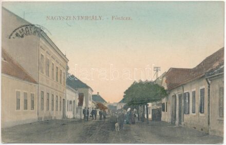 1912 Nagyszentmihály, Németszentmihály, Grosspetersdorf; Fő utca, Mayer Adolf üzlete / Hauptstrasse, Geschäft / main street, shop + 'PINKAFŐ-SZOMBATHELY 145. SZ.' vasúti mozgóposta (EB)