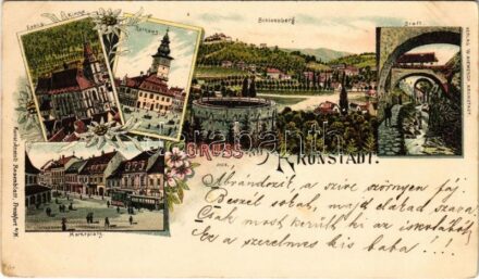 Brassó, Kronstadt, Brasov; Evang. Kirche, Rathaus, Marktplatz, Schlossberg, Graft. Verlag W. Hiemesch / Evangélikus templom, Városháza, Piactér, Fellegvár villasor, Graft-patak / church, city hall, market square, villas, river. Kunstanstalt