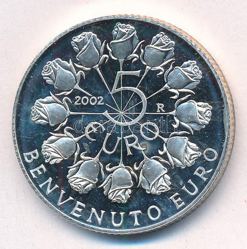 San Marino 2002. 5E Ag 'Az Euró bevezetése' forgalomba nem került emlékérme T:PP ujjlenyomat, patina San Marino 2002. 5 Euro Ag 'Introduction of the Euro' non-circulating commemorative coin C:PP fingerprints, patina Krause KM#448