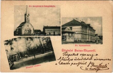 1901 Szászrégen, Reghin; Evangélikus templom, leány iskola és gimnázium, sétány. G. Heiter / church, schools, promenade (EK)