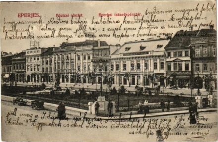 Eperjes, Presov; Fő utca, Takarékpénztár, üzletek, gyógyszertár / main street, savings bank, shops, pharmacy (Rb)