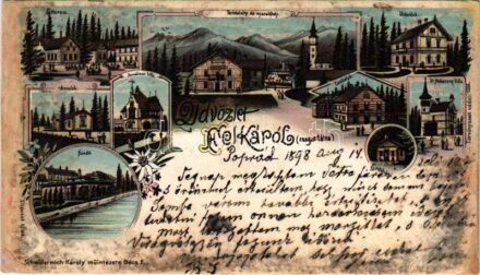 1898 (Vorläufer) Felka, Velká (Poprád, Magas-Tátra, Vysoké Tatry); Étterem, Turista otthon és üdülő, Jolán villa, Anna villa, Annaliese villa, Dr. Haberern villa, erdei ház, fürdő / restaurant, tourist home, spa, villas, forest house.