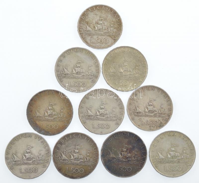 Olaszország 1960R 500L Ag 'Kolumbusz hajói' (10x) T:2-3 patina, ph. Italy 1960R 500 Lire Ag 'Columbus' ships' (10x) C:XF-F patina, edge error Krause KM#98