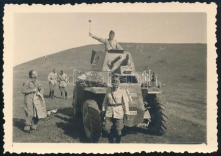 cca 1940 II. világháborús magyar katonák német Panzerspähwagen páncélozott felderítő járművel, fotó, 8,5x6 cm / WWII Hungarian soldiers with German Panzerspähwagen armored reconnaissance vehicle, photo