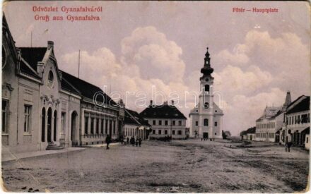 1916 Gyanafalva, Jennersdorf; Fő tér, templom, Leitner Antal (korábban Raffel János) vendéglője (?). Wurditsch Pál kiadása / Hauptplatz, Kirche, Gasthof / main square, church, restaurant (EK)