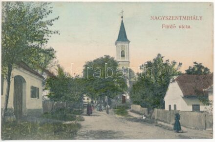 Nagyszentmihály, Németszentmihály, Grosspetersdorf; Fürdő utca, templom / Strasse, Kirche / street, church