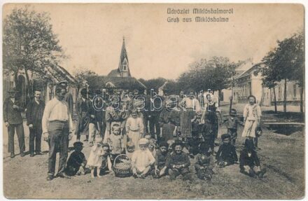 1912 Miklóshalma, Miklósfalu, Nickelsdorf; Falubeliek az utcán, evangélikus templom, Nitsch Dezső üzlete / Hauptstrasse, Handlung, Kirche / church, villagers on the main street, shop (EK)