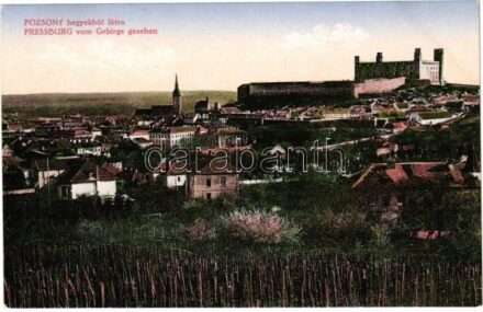 Pozsony, Pressburg, Bratislava; hegyekből látva, vár / vom Gebirge gesehen / from the mountains, castle