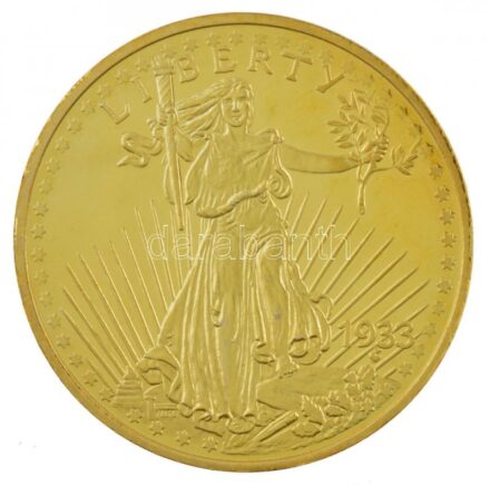 Amerikai Egyesült Államok 2002. aranyozott Cu-Ni emlékérem az 1933-as 20$ alapján, 'COPY' jelzéssel és '2003'-as dátummal, német tanúsítvánnyal (40mm) T:PP USA 2002. gilt Cu-Ni commemorative medallion based on the 1933. 20 Dollars with
