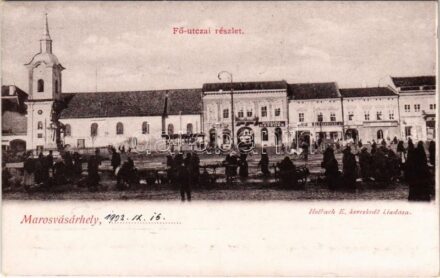 Marosvásárhely, Targu Mures; Fő utca, piac, Hungária kávéház, üzletek. Holbach E. kiadása / main street, market, shops, cafe