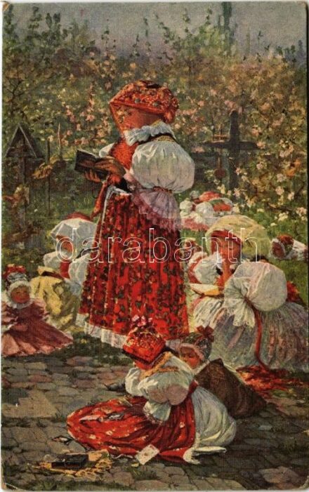 Na hrbitové / Czech folklore art postcard. J.P.P. 720. s: Joza Uprka (EK)