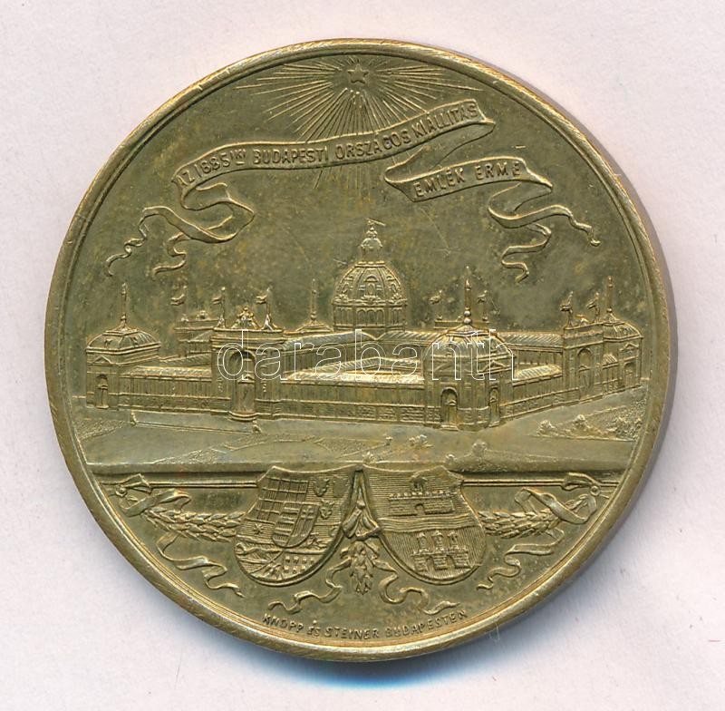 1885. 'Az 1885-ös Budapesti Országos Kiállítás emlékérme / Rudolf trónörökös a kiállítás védnöke' kétoldalas aranyozott bronz emlékérem, 'Knopp és Steiner Budapesten' gyártói jelzéssel (38mm) T:1-,2 patina, karc - Image 2