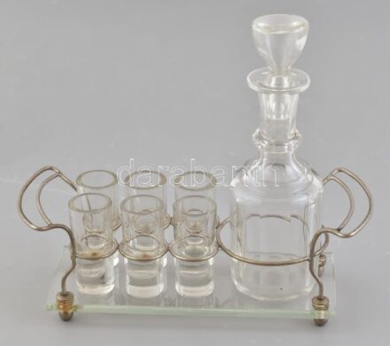 Likőrös/pálinkás készlet, palack, 6 stampedli, üveg és fém tartóval, minimális lepattanással, h: 24 cm
