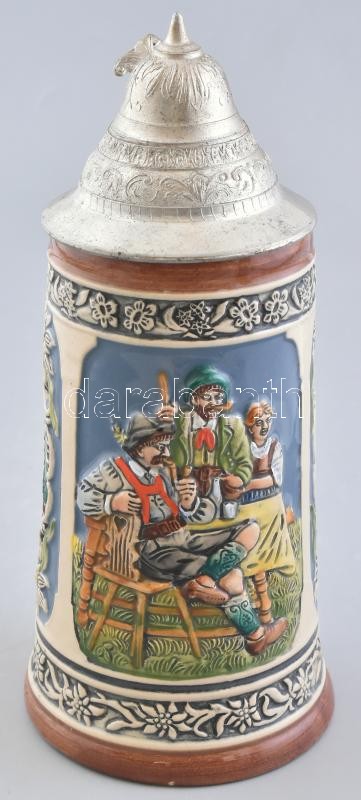 Staffel Stoneware ónfedeles német sörös korsó. Mázas kerámia, kézzel festett, jelzett, m: 23 cm