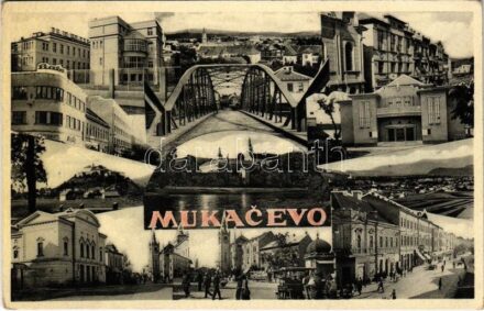 1938 Munkács, Mukacheve, Mukachevo, Mukacevo; mozaiklap zsinagógával / multi-view postcard with synagogue + '1938 Munkács visszatért' So. Stpl. (EK)