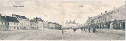 Máramarossziget, Sighetu Marmatiei; Fő tér, Horgony Károly finom fehér és rozskenyér sütöde, Csapodi Sándor, Klein Róza, Kahan Lipót és Ferencz L. üzlete. Két részes kinyitható panorámalap / main square, shops, bakery. 2-tiled