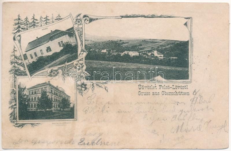1899 (Vorläufer) Felsőlövő, Oberschützen; Villa, Nevelőintézet / Schule / school. Art Nouveau, floral (EK)