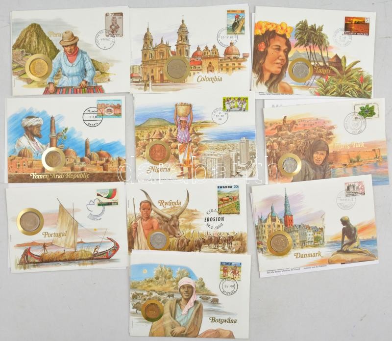 10db-os érmés boríték tétel, mind különféle és német nyelvű tájékoztatóval, benne: Peru, Kolumbia, Tahiti, Jemeni Arab Köztársaság, Nigéria, Ciprus, Portugália, Ruanda, Dánia, Botswana T:1