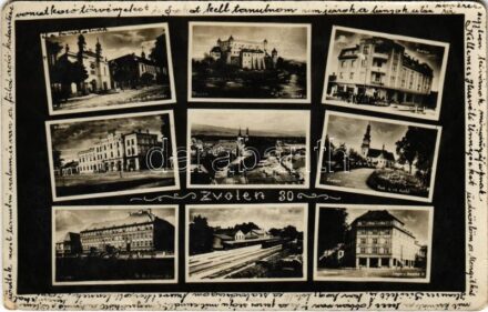 1929 Zólyom, Zvolen; Zid. kostel, Hrad, Grand Hotel, Park a r. k. kostel, St. Real Gymn., Nádrází, Legio-banka / zsinagóga, vár, szálloda, park és római katolikus templom, állami reálgimnázium, vasútállomás, bank / synagogue, castle,