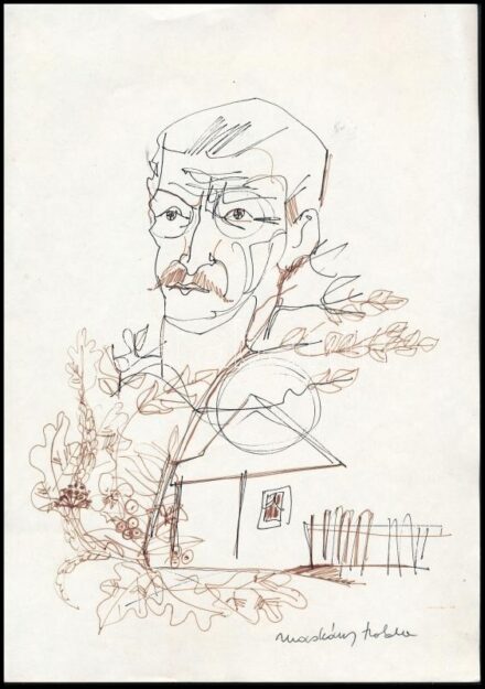 Macskássy Izolda (1945-2021): Hazagondolva. Barna és fekete toll, jelzett. 29,5x21 cm