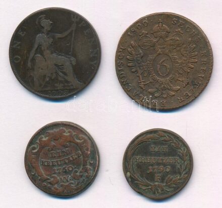 4db-os vegyes külföldi réz és bronz érmetétel, közte Ausztria 1790F 1kr Cu T:3 patina, az egyiken nagyobb ü. 4pcs of mixed foreign copper and bronze coin lot, in it Austria 1790F 1 Kreuzer Cu C:F patina, a larger ding on one of them