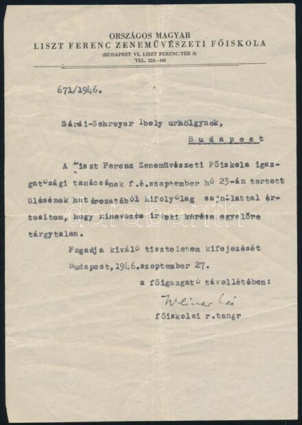 1946 Weiner Leó (1885-1960) aláírása az Országos Magyar Liszt Ferenc Zeneművészeti Főiskola egy értesítésén, 1946. szept. 27.