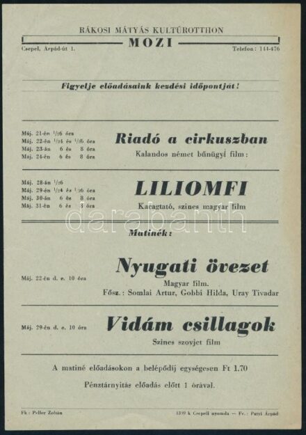 cca 1955 A csepeli Rákosi Mátyás Kultúrotthon moziműsor kisplakátja, jó állapotban, 21×14 cm