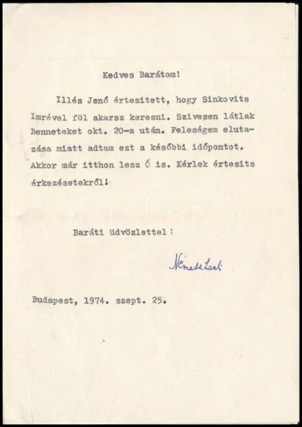 1974 Németh László (1901-1975) író gépelt levele saját kezű aláírásával Marton Endre színházigazgatónak, eredeti borítékjában