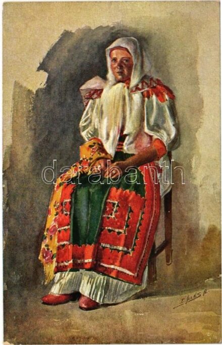 Bánffyhunyadi menyecske, kalotaszeg, Erdély. Magyar népviselet XXVI. sorozat 9. Edvi Illés Aladár eredetije után / Transylvanian folklore from Huedin