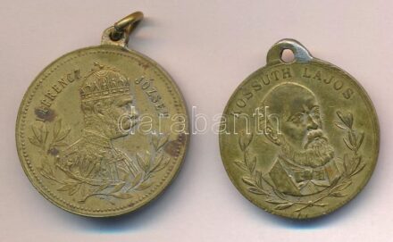 1896. 'Milleniumi emlék 896-1896 / Ferenc József' kétoldalas bronz emlékérem füllel, szalag nélkül (32,5mm) + DN 'Kossuth Lajos / Szabadság, Egyenlőség, Testvériség 1848' kétoldalas fém emlékérem füllel (30mm) T:2 patina