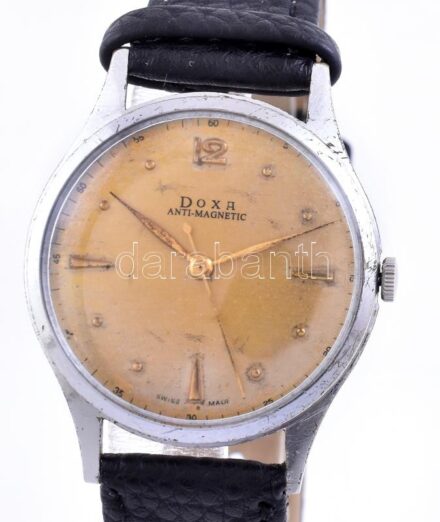Doxa mechanikus férfi karóra, ritka számlappal, jelzett fém tokkal, új bőr szíjjal, működik, d: 35 mm