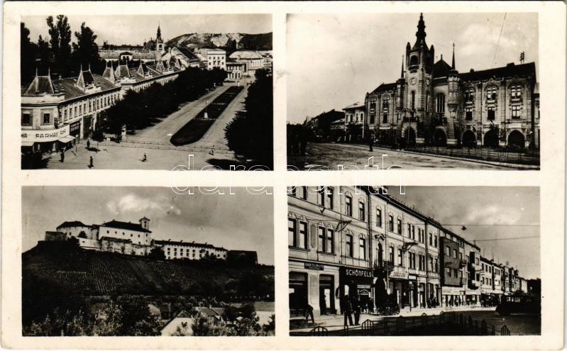 1944 Munkács, Mukacheve, Mukachevo, Mukacevo; Fő tér, utca, vár, városház, Falkovics, Farkas ruha, Kahán Chájem és fia, szőrme, Schönfeld Henrik üzlete és saját kiadása / streets, shops, town hall, castle