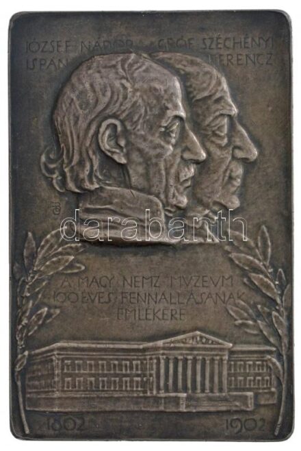 Beck Ö. Fülöp (1873-1945) 1902. 'József nádor ispán - Gróf Széchényi Ferencz - A Magyar Nemzeti Múzeum 100 éves fennállásának emlékére 1802-1902' egyoldalas jelzetlen Ag plakett (86,64g/75x50mm) T:1-,2 kis ph. Hungary 1902. '100th